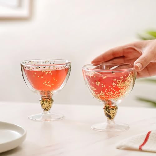Image of Nestasia Glass Set Of 2 Double Wall Goblets | 250Ml, Gold Star-Shaped Sequins, Dishwasher Safe, Stemmed Design, Elegant Drinkware For Wine, Iced Lattes, Brandy & Mocktails
