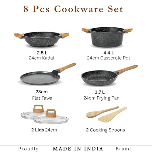 Image of Kreme CeraStone Ultra Granite Nonstick Cookware Set 8 Pieces, Kadai 2.5L, Frying Pan 1.7L, 28cm Tawa, Glass Lid, Casserole Pot 4.4L, 2 Spoons, Made in India, Induction Compatible, PFOA Free, Black