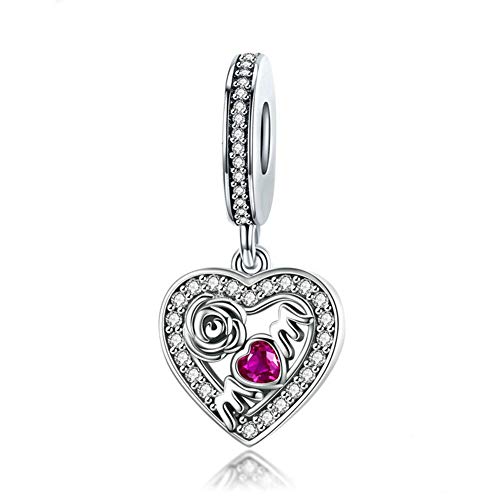 100% 925 Sterling Silver Love Mom Rose Flower Heart Shape Pendant Charm fit Bracelets & Necklaces Jewelry Making (Mom in heart)