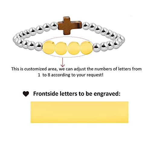 Image of Uloveido Black Agate Side Cross Bracelet Mustard Seed Charms, Personalized Letter A-Z Tiger's Eye Bangle Y944