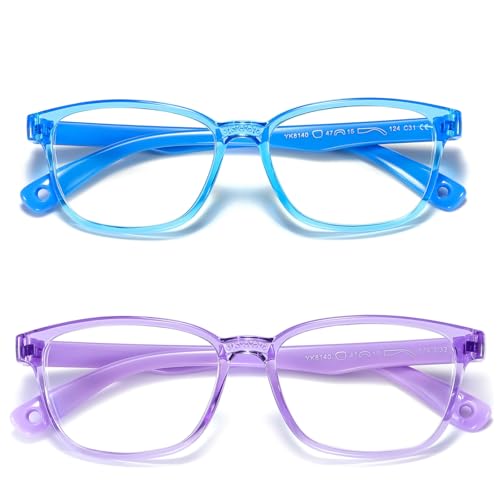 Image of Kids Blue Light Blocking Glasses 2 Pack, Anti Eyestrain, Computer TV Phone Glasses for Boys Girls Age 3-9 (Transparent Purple+Transparent Blue)