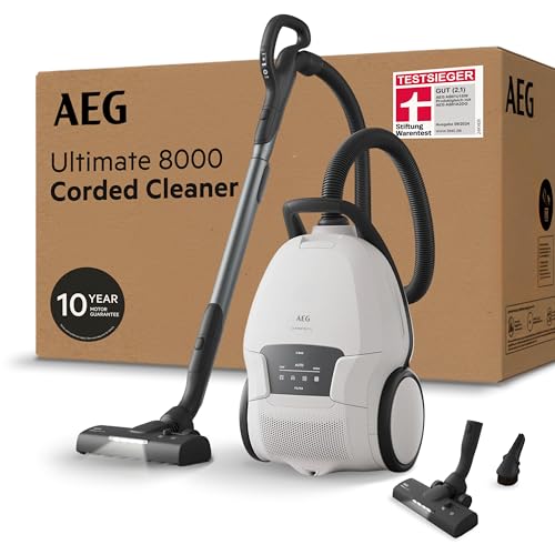 AEG Ultimate 8000 Staubsauger mit Beutel Testsieger der Stiftung Warentest hohe Saugleistung Auto-Modus Alle Böden 48% Recyclingkunststoff 3in1 Düse HEPA-Filtration 12m LED-Licht AB81U1SW