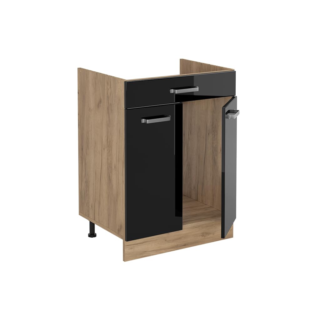 Vicco Meuble Bas de Cuisine R-Line, Noir Haute Brillance/Chêne doré 60 cm