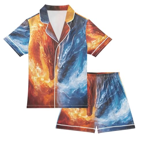 ALAZA Funny Blue Red Dragon Fire Water Satin Pajamas Set Short Sleeve Button Down Sleepwear Summer Pjs 2 Piece