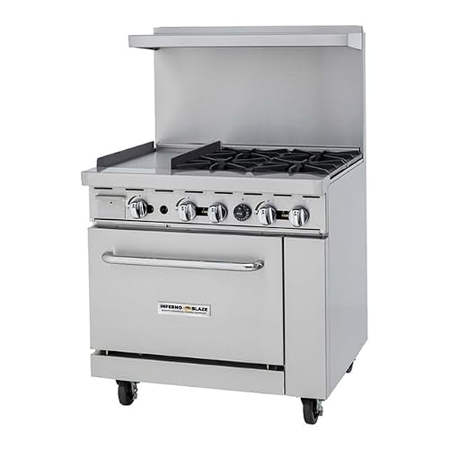 Inferno Blaze Premium IBP-GR-3612/NG 36" Natural Gas 4 Burner Range with Oven with 12" Griddle - 148,000 BTU - ETL Certified Stainless Steel Exterior Gas Range Stove - Perfect for Commercial Kitchens