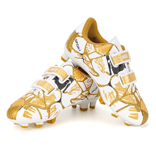 Linkidea Kids FG Soccer Shoes No Laces, Laceless Firm Ground Soccer Cleats for Unisex-Child, Kids Lace Less Soccer Shoes for Grass Field (Gold/White)4
