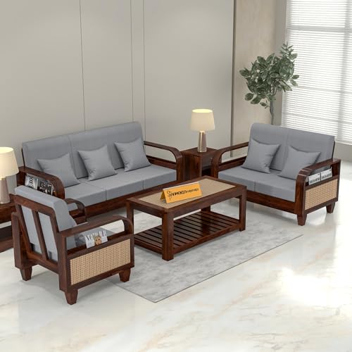 Image of Sheesham Wooden 6 Seater Sofa for Living Room | Solid Wood Sofa with Rattan Cane Side Rack | Rosewood Sofa Set for Home & Office | Lounge (Walnut, 3+2+1 Seater)