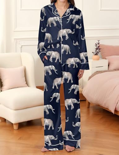 Image of SHESHOW Satin Pajamas Set for Women Set Long Sleeve Button Down Pjs Sets 2 Piece Loungewear Animal Sleepwear XS-XXL