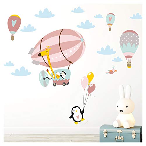 Little Deco DL368 - Adhesivo Decorativo para Pared de habitación Infantil, diseño de Jirafa con pingüino y Globos, Color Gris y Rosa, L - 151 x 79 cm (BxH)