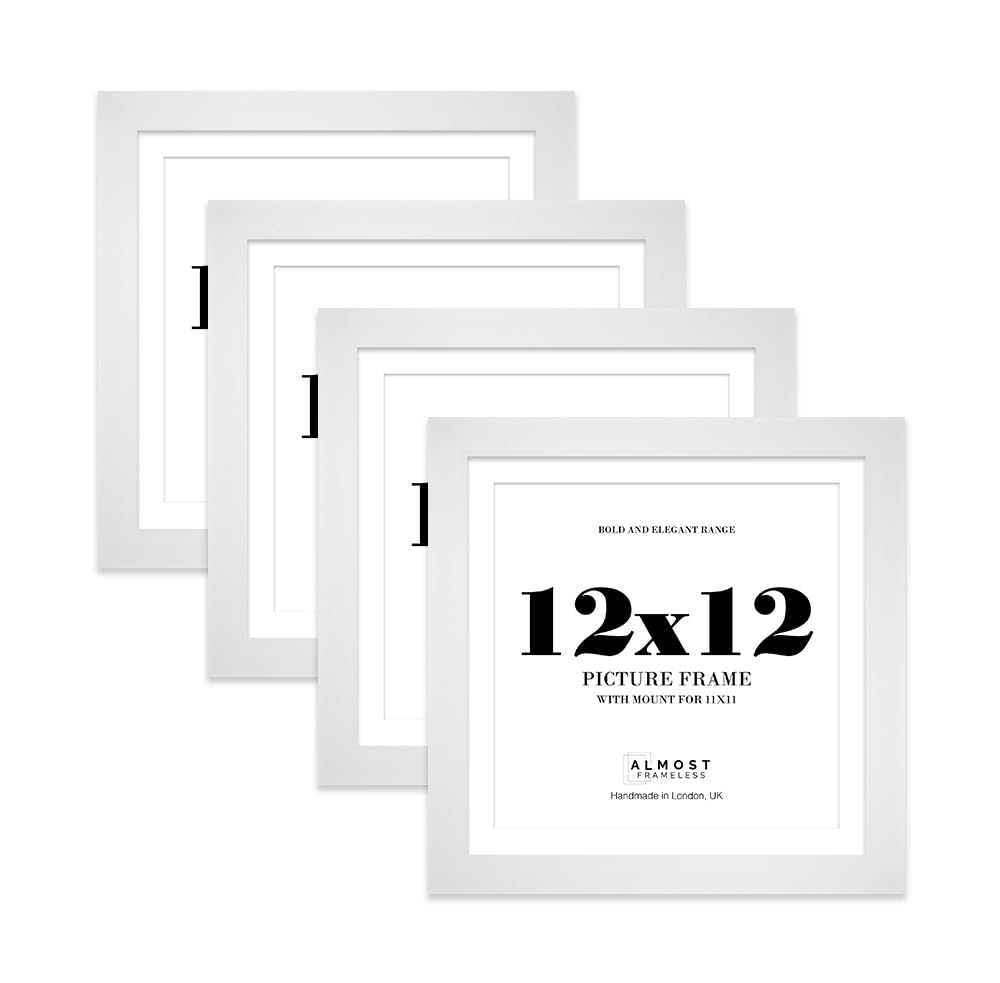 12x12" White Square Frame With Mount for 11x11" Pictures 28mm Edge Frame Display with Wall Hooks and Kickstand, 4 Pack