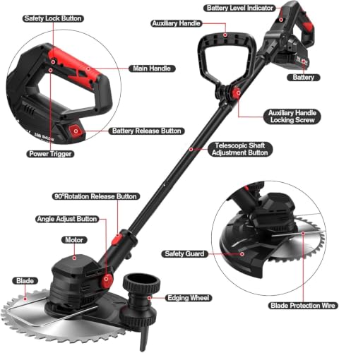 Image of Grass Cutter Machine for Garden, 48V Cordless Machine with 2 Batteries Electric Lawn Trimmer with Wheels, Saw Blades, 4 Metal Blades, Nylon Blades, Safety Glasses & Gloves