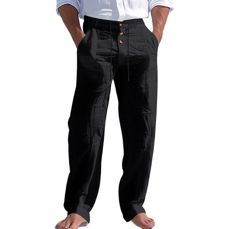 Men's Cotton Linen Button Pants Beach Drawstring Straight Pant Loose Fit Breathable Yoga Trousers with Pockets