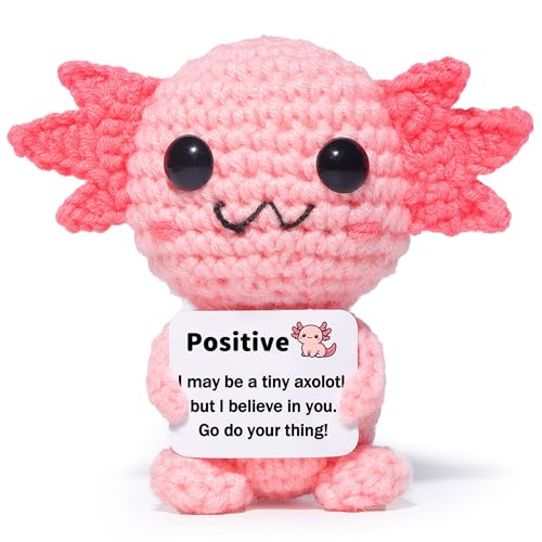 Mini Funny Positive Pink Axolotl Knitted Wool Axolotl Toy with Positive Card - Creative Cute Crochet Doll Emotional Support Cheer Up Keepsake Gift for Friends Women Student Christmas (Axolotl)