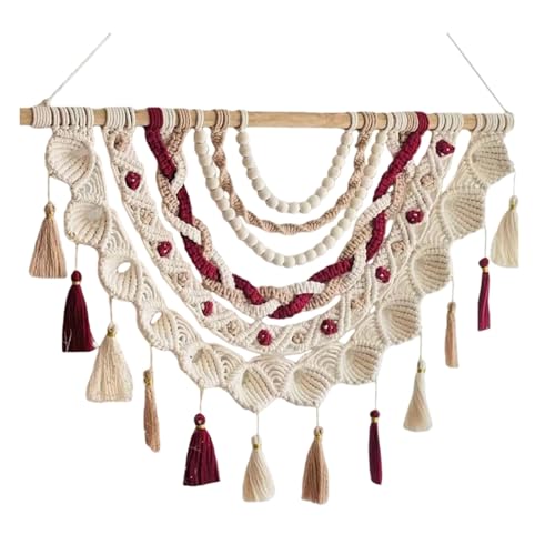 CYHTYM Tapices Macramé Tapiz de pared bohemio de macramé, tejido a mano con cuentas de madera y borlas, decoración del hogar para dormitorio, sala de estar y dormitorio.(Red,80x60cm/31.5x23.6in)