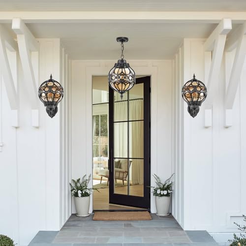Globe Outdoor Pendant Lights for Porch Patio Garage, Matte Black Aluminum Anti-Rust Hanging Light Fixture, Industrial Round Amber Glass Exterior Chandelier, Outside Pendant Lamp, 2 Pack
