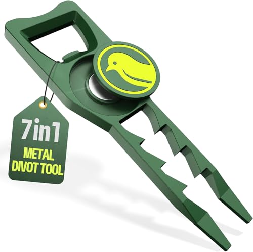 BirdieWorks 7-in-1 Metal Golf Divot Tool with Magnetic Ball Marker - Tee Height Setter Bottle Opener Groove Cleaner Putting Alignment Club Tee - Durable Green Accessory Gift for Men & Women