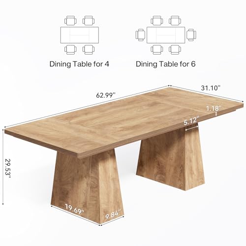 Image of LITTLE TREE Dining Table for 6 People, Wooden Table, Rectangle Furniture with Heavy Duty Legs, Modern Kitchen Table for Home, Dining Room, Oak