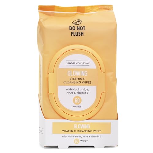 Global Beauty Care Glowing Makeup Remover Wipes - Gentle Daily Facial Cleansing Wipes for Sensitive Skin, Vitamin C Infused with Niacinamide, AHAs, & Vitamin E, Travel-Friendly, 60 Count (1-Pack)