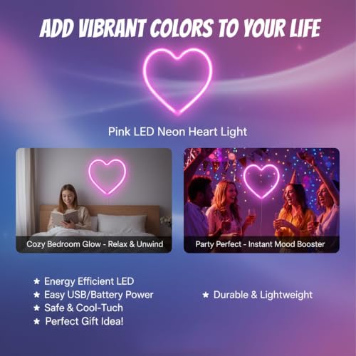 Image of Teafasty Pink Heart Neon Sign LED Light USB Battery Powered Room Decor | Dual power design, soft pink glow, wall mount or tabletop display for bedrooms, parties, weddings and festive occasions