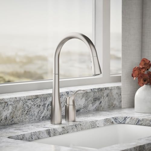 Image of KOHLER K-647-VS Simplice Pull-Down Kitchen Faucet with Side Handle Control, Kitchen Sink Faucet with Pull-Down Sprayer, Vibrant Stainless