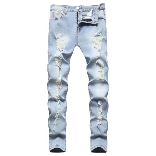 Qolkmuiy-GJ Men's Ripped Fringed Washed Jeans Comfort Flex Waist Denim Pants Casual Straight Leg Cowboy Jeggings (Light Blue,30)