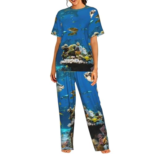 Pyjama léger tortues anti-chaleur pour femme ensemble nuit manches courtes