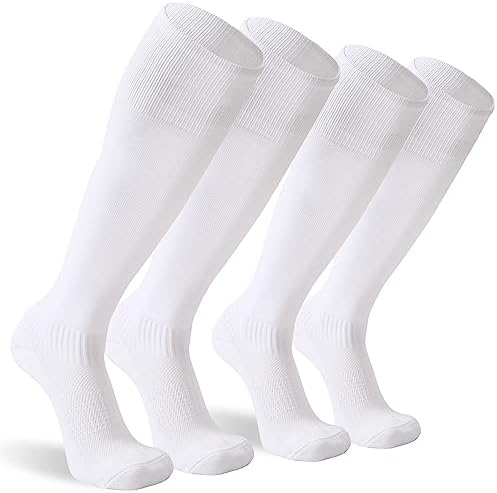 Sunew Knee High Baseball Socks, Mens Boys Wicking School Game Softball Socks, Solid Over Knee Arch Support Cushioned Field Hockey Rugby Socks for Back to School White Large 2 Pairs