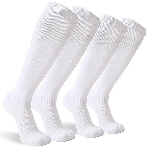 Sunew Soccer Baseball Socks Youth Boys 9-10, Team Sport Knee High Athletic Softball Field Hockey Rugby Volleyball Team Homecoming Socks for Back to School White for Men's Womens Small 2 Pairs