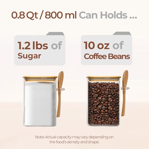 ComSaf 0.8 Qt Glass Jars with Bamboo Lids & Spoons Set of 4, Square Glass Containers with Lids, Sugar Coffee Containers Salt Spice Jars, Pantry Storage Container for Loose Tea, Candy, Brown Sugar, Nut