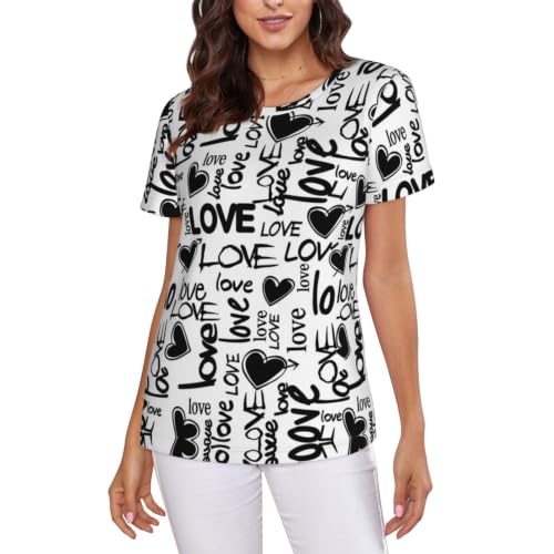 Love Hearts Monochrome Pattern Cute Graphic T-Shirts Women Print Casual...