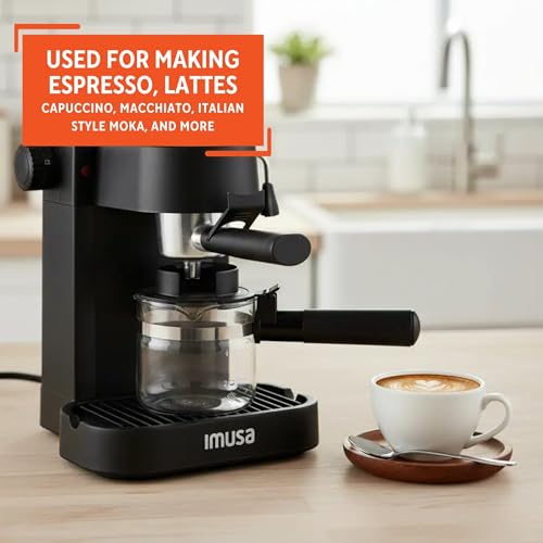 Image of IMUSA Electric Espresso Cappuccino Maker 4 Cup Capacity with Milk Frother Black Coffee Machine for Home Barista Experience