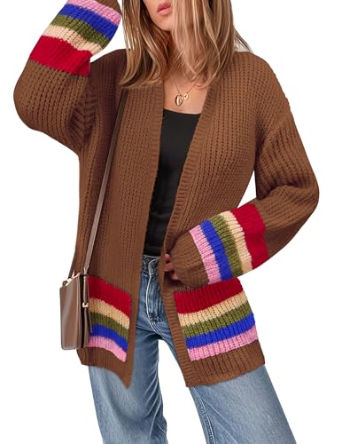 BB&KK Womens Long Cardigan Sweaters Striped Color Block 2025 Fall Long Lantern Sleeve Knit Open Front Sweater Outerwear
