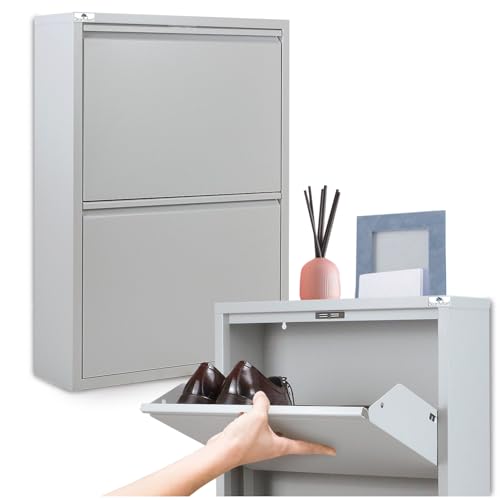 Zapatero delgado para ahorrar espacio, 2 puertas, gris, 15 x 50 x 70 cm – 4/6 pares de zapatos/botas | metal | montaje fácil | Garantía 15 años
