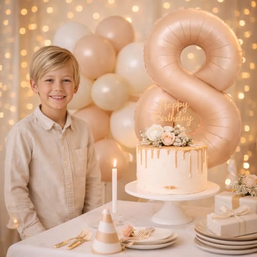 Image of WP WANNA PARTY 40 Inches Apricot Super Shape Number 8 Balloon, Number Balloons for Themes & Events, Birthday Supplies & Decoration -Caramel Light Brown Foil Number Balloon, 1 Piece