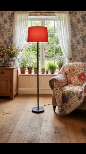 Image of Modern Floor Lamp with Fabric Shade, Metal Base, (Red)