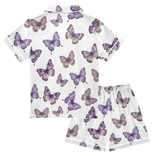 ODAWA Butterflies Purple Satin Pajama Sets Button-Down Short Sleeve 2 Piece Loungewear Set 5-6Y2
