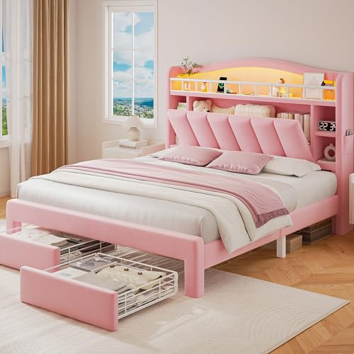 Full LED Bed Frame with Storage Headboard & 2 Storage Drawers Princess Velvet Upholstered Bed with Vertical Tufted Headboard Design for Girls USB & Type-C Charging Ports Wooden Slats Support Pink