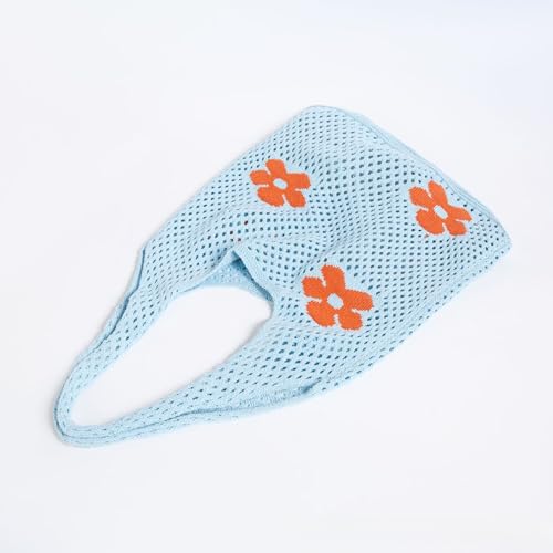 Knitted Flower Design Beach Mesh Tote Bag for Women, Stylish Shoulder Handbag Perfect for Grocery Shopping3