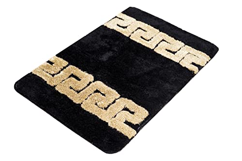 Luxus Badematte Badezimmerteppich Duschmatte Badvorleger Badgarnitur Set 2 teilig in schwarz gold Mäander Muster 100% Acryl - rutschfest waschbar flauschig Fussbodenheizung geeignet - schwarz, 2er SET – Bild 3