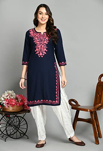 Image of QAZMI Women's Floral Aari Embroidered Viscose Rayon 3 /4 Sleeves Straight Kurta