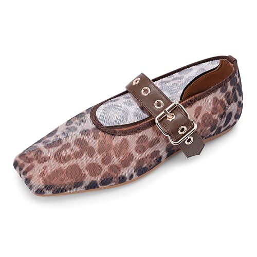 Women's Leopard Mesh Mary Jane Flats Buckle Strap Closed Square Toe Ballet Flats