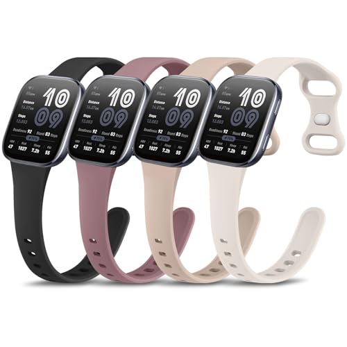 4 Pack Slim Silicone Watch Bands for Amazfit Bip 6/Bip 5/ GTR 4/ GTR 3/3 Pro/GTR 2/2e/GTR 47mm/Balance Watch Band Women Men 22mm Sport Silicone Adjustable Strap (Black/Milk Tea/Smoke Purple/Starlight)