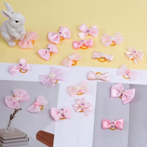 20 PCS Cute Dog Hair Bows with Rubber Bands Elastic Handmade Mix Style Lace Rhinestone Pearls for Furry Puppy Cat Pet Girl, Pink - Image 4