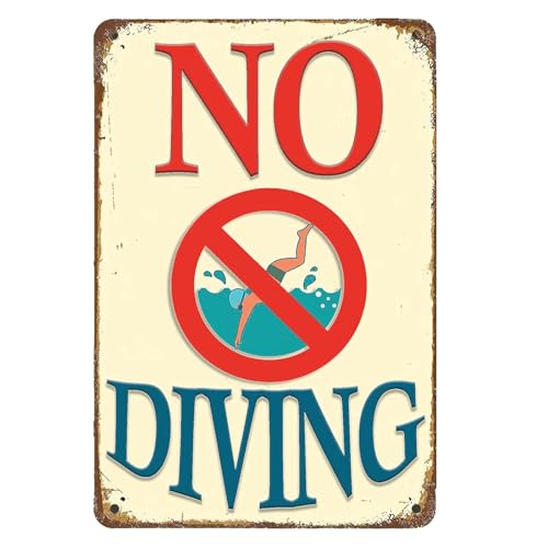 No Diving Pool Sign Vintage Pool Safety Sign Pool Rules Metal Tin Signs Funny Swimming Pool Decorations Pool Warning Metal Signs Outdoor for Yard Metal Plaque 12x8 inch