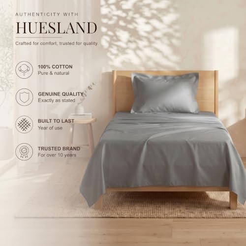 Image of HUESLAND 300 TC Premium Pure Cotton Sateen Weave Single Bedsheet with 2 Pillow Covers | Steel Grey | 88 x 55 Inches