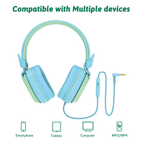 Riwbox Kids Headphones For School With Mic, Cs6 Folding Stereo Headphones Over Ear Wired Headset Sharing Function With Mic And Volume Control Compatible For Ipad/Iphone/Pc/Kindle/Tablet (Blue&Green) #TOP5