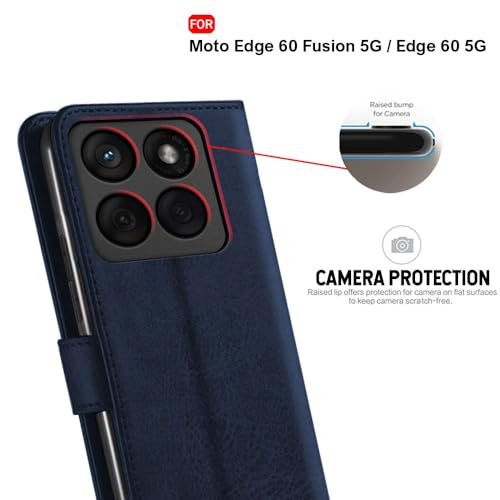 Image of TheGiftKart Flip Cover Back Case for Motorola Moto Edge 60 Fusion 5G / Moto Edge 60 5G | Genuine Leather Finish | Designer Button | Inbuilt Pockets & Stand | Flip Back Cover Case (Faux Leather, Blue)