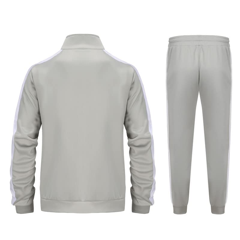 Męski dres na co dzień, kontrastowe paski, zamek błyskawiczny, spodnie sportowe, spodnie do biegania, na siłownię, odzież sportowa, 2-częściowy, z kieszeniami na zamek błyskawiczny, szary, S