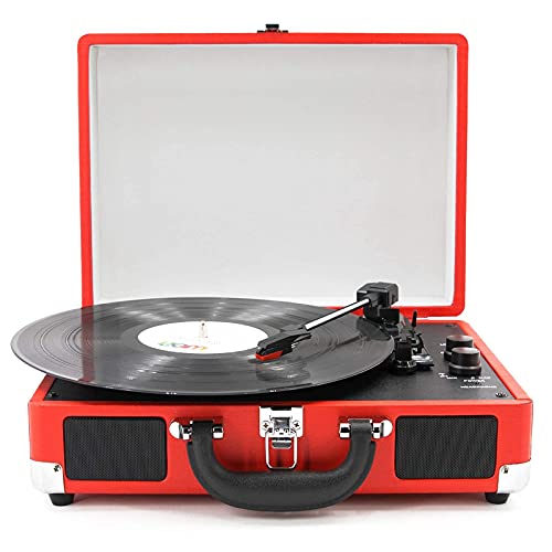 SGKOMN Giradischi a Valigia, Giradischi Bluetooth con Altoparlanti Stereo integrati, Giradischi a 3 velocità, Supporta Jack per Cuffie AUX RCA, Red