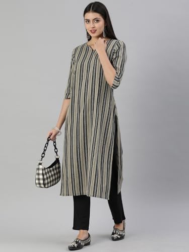 Image of Saanjh Women's Fit Straight Cotton Blend Long Kurta, 3 /4 Sleeve, Knee Length Kurtis, Casual and Office Wear